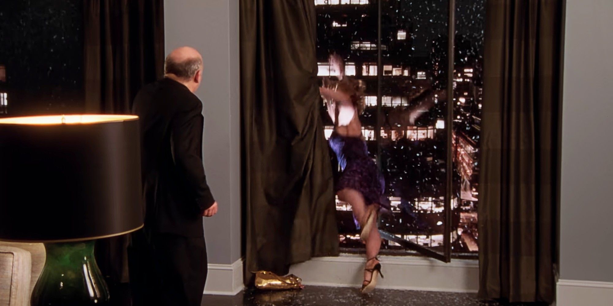 Lexi Featherston falling out a window in Sex and the City