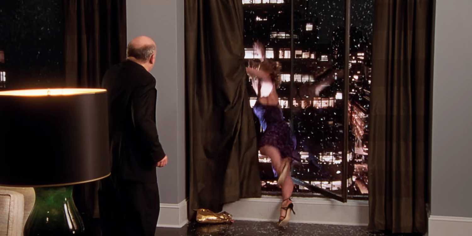 Lexi Featherston falling out a window in Sex and the City
