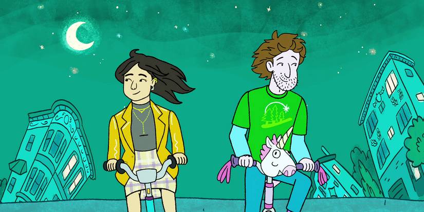 Two characters riding bikes through a city at night in Netflix's Long Story Short.