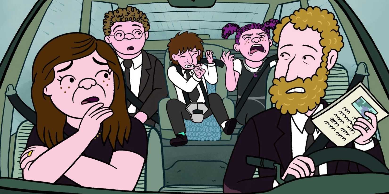 A family sits in a car and reacts to news in Long Story Short.