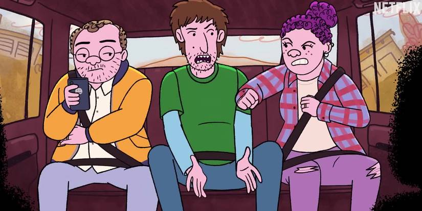 Three characters arguing in the back seat of a car in Long Story Short.