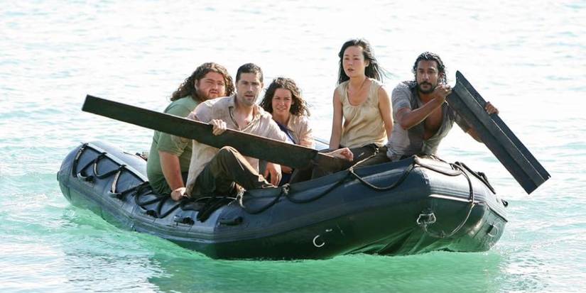 The Oceanic Six paddling a rescue boat in the season 4 finale of Lost, There's No Place Like Home, 2008.