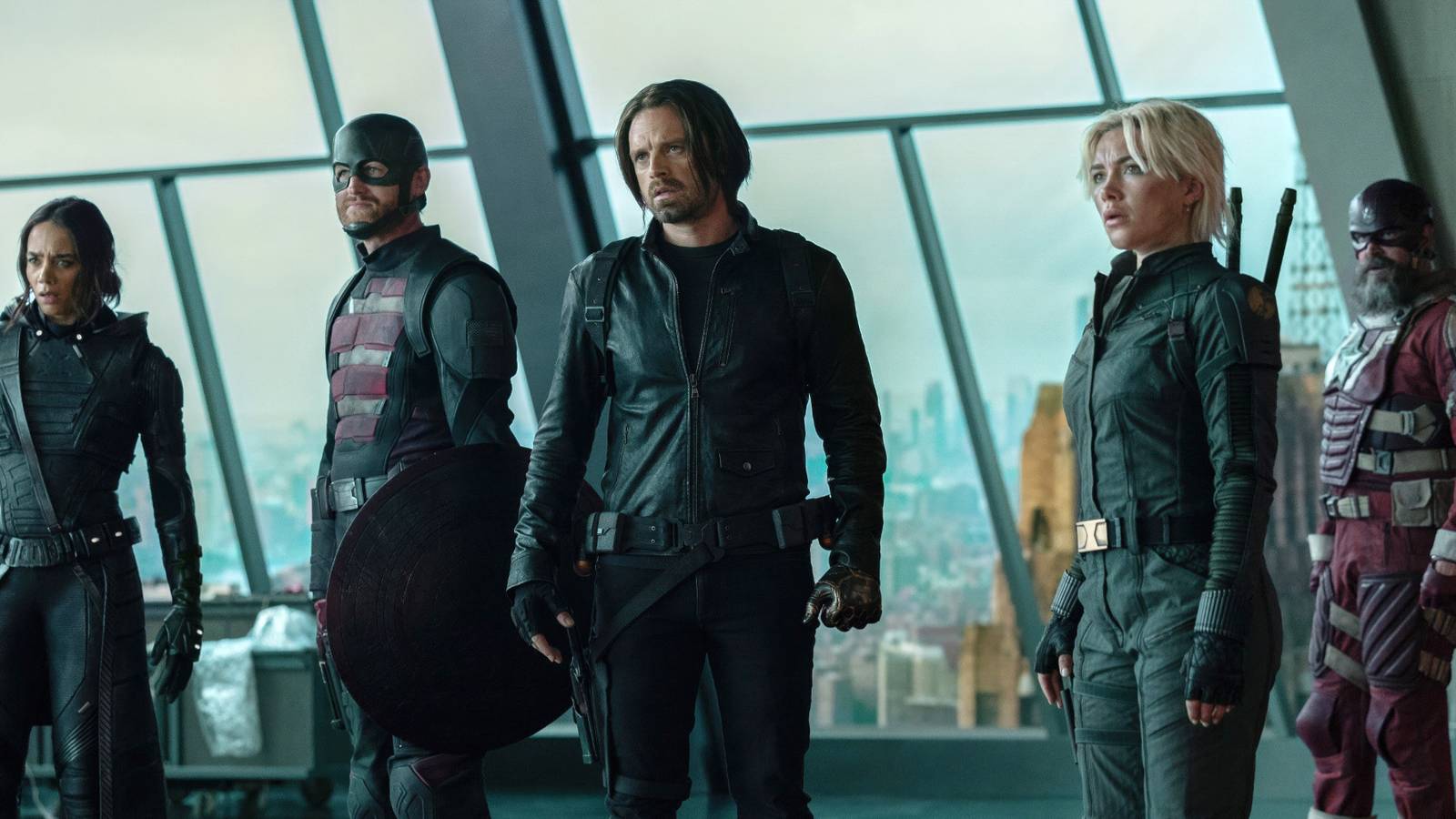 THUNDERBOLTS*, (aka THUNDERBOLTS, aka *THE NEW AVENGERS, aka THE NEW AVENGERS), from left: Hannah John-Kamen as Ghost, Wyatt Russell as John Walker, Sebastian Stan as Bucky Barnes, Florence Pugh as Yelena Belova, David Harbour as Red Guardian