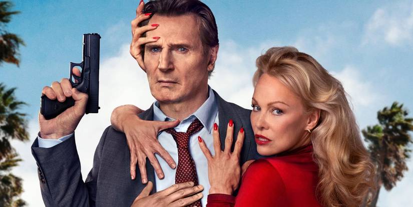 Liam Neeson posing with a weapon with Pamela Anderson and extra hands around him in The Naked Gun.