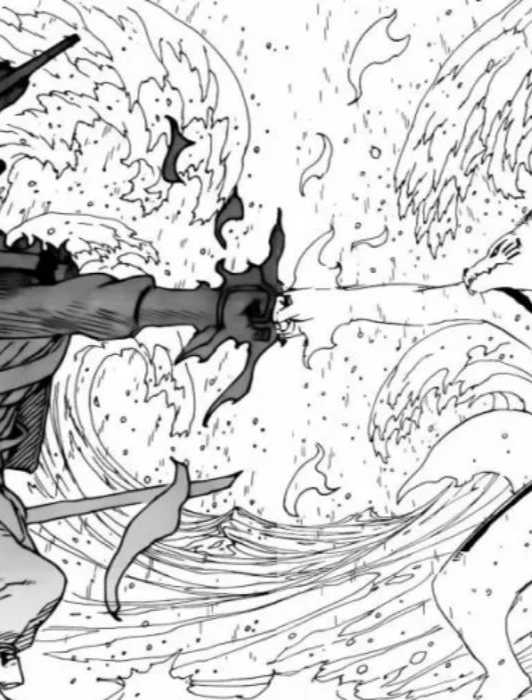 Sasuke's susanoo clashing with Naruto's fox mode in Naruto manga