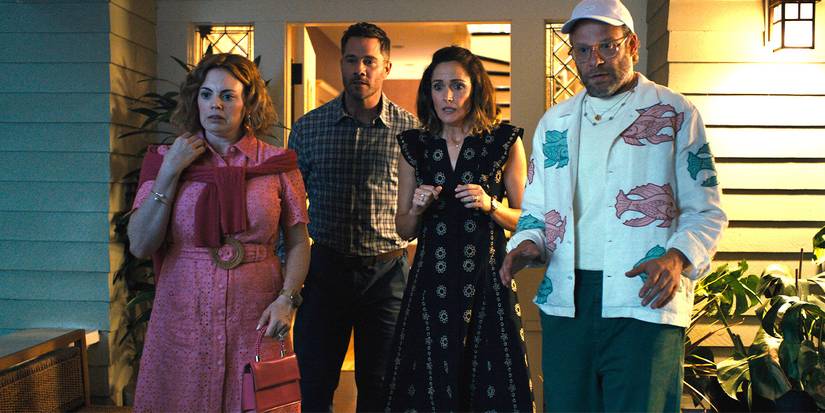 Rachel Rosenbloom, Luke Macfarlane, Rose Byrne, and Seth Rogen looking shocked in Platonic Season 2