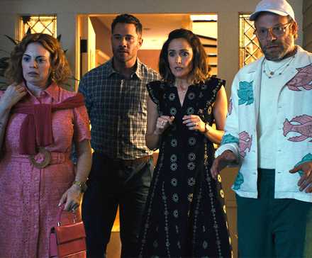 Rachel Rosenbloom, Luke Macfarlane, Rose Byrne, and Seth Rogen looking shocked in Platonic Season 2