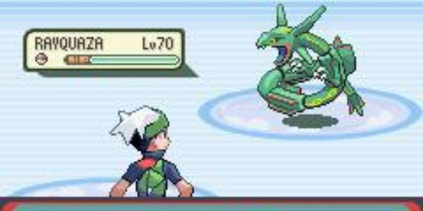 Player battling Rayquaza in pokemon-emerald