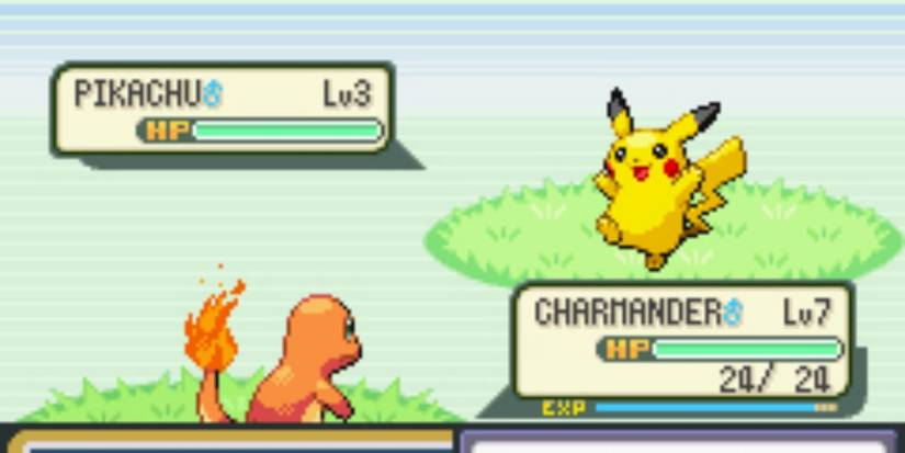 Pkachu and Charmander battling in Pokemon-FireRed-LeafGreen