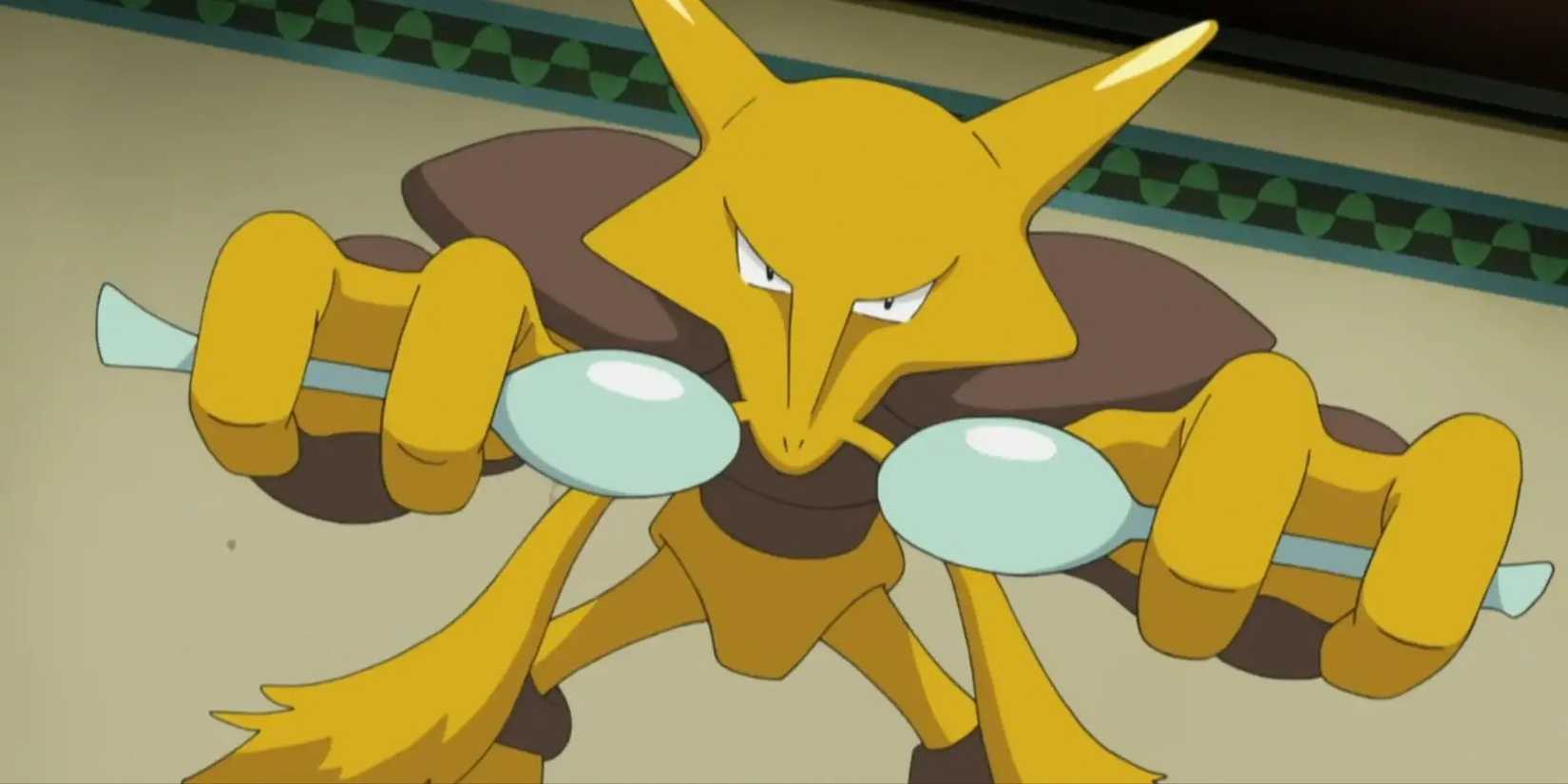 The psychic type pokemon Alakazam holding up two spoons in the Pokemon anime series.