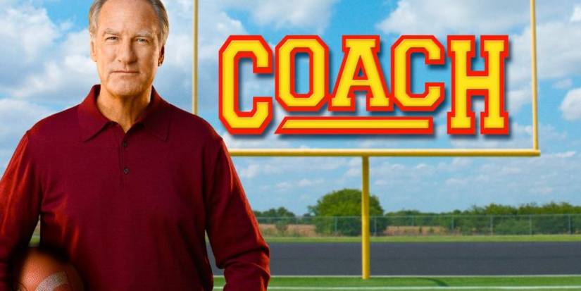 Promotional image for Coach features Craig T. Nelson holding a football out on the field with a goalpost in the background.