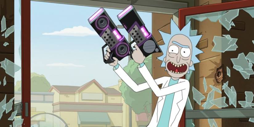 Rick runs into a building holding guns with a smile on his face in Rick and Morty.