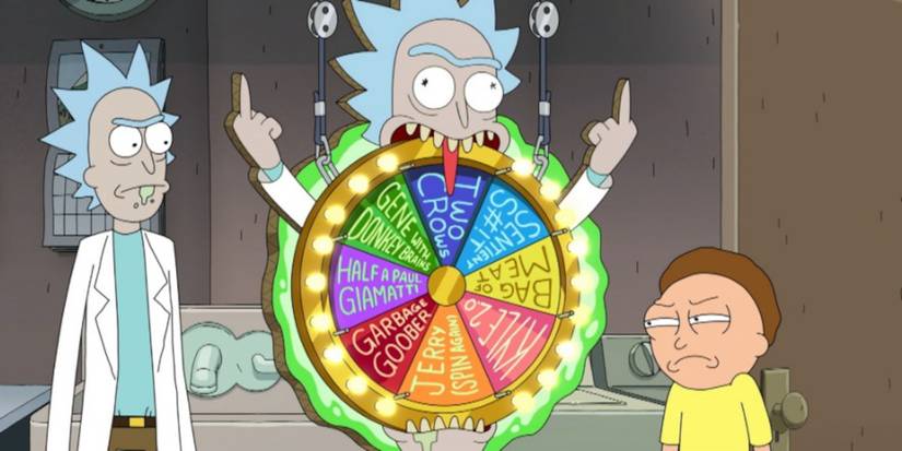 Rick spins a wheel to find out what to replace Morty with in Rick and Morty.