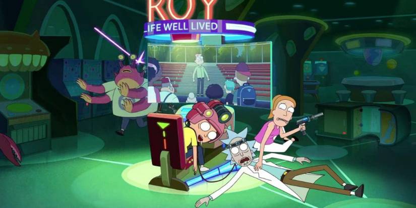 Rick and Morty sit lifeless at a game while Summer looks worried while holding a gun in Rick and Morty.