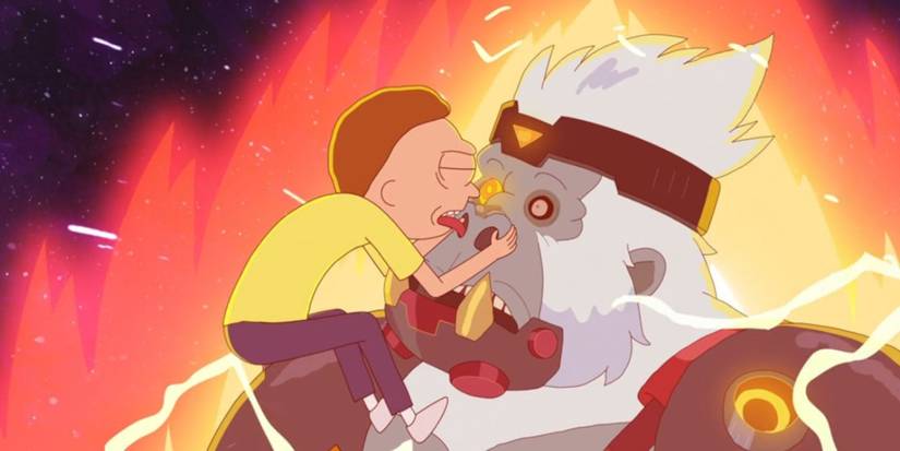 Morty sticks his tongue inside an Apeborg's nose in Rick and Morty.