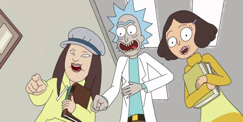 Rick points and laughs at an off-screen Morty with two female students in Rick and Morty.