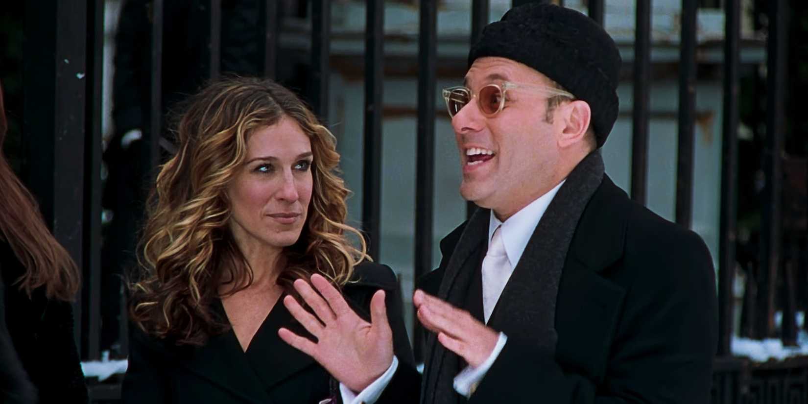 Carrie Bradshaw and Stanford Blatch at a funeral in Sex and the City