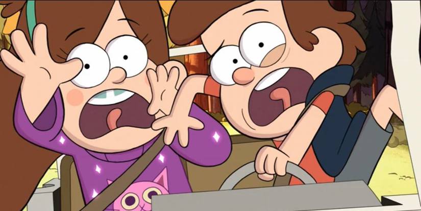 Dipper and Mabel looking very scared in Gravity Falls episode Tourist Trapped.