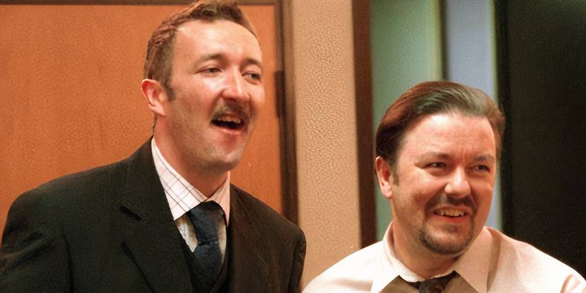 Ricky Gervais as David Brent and Ralph Ineson as Chris Finch in The Office