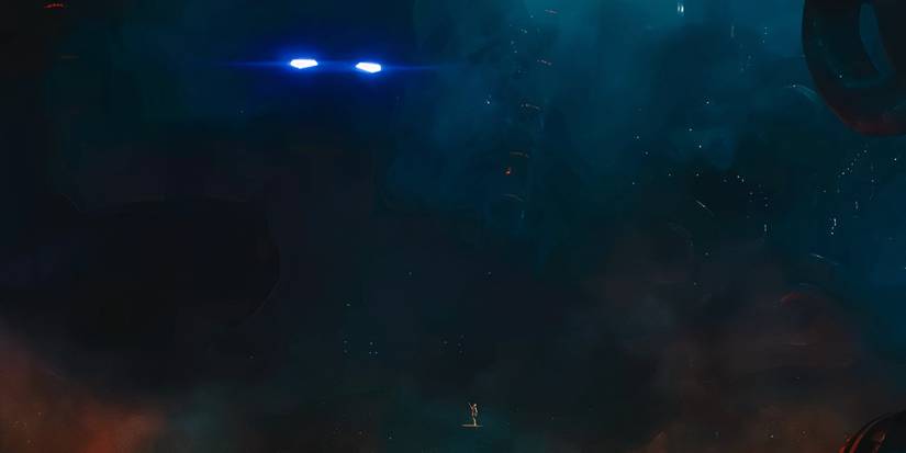 Silver Surfer floating before Galactus in The Fantastic Four: First Steps.