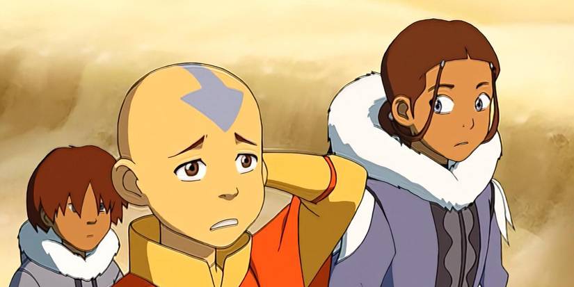 Sokka, Aang, and Katara looking worried in Avatar: The Last Airbender.