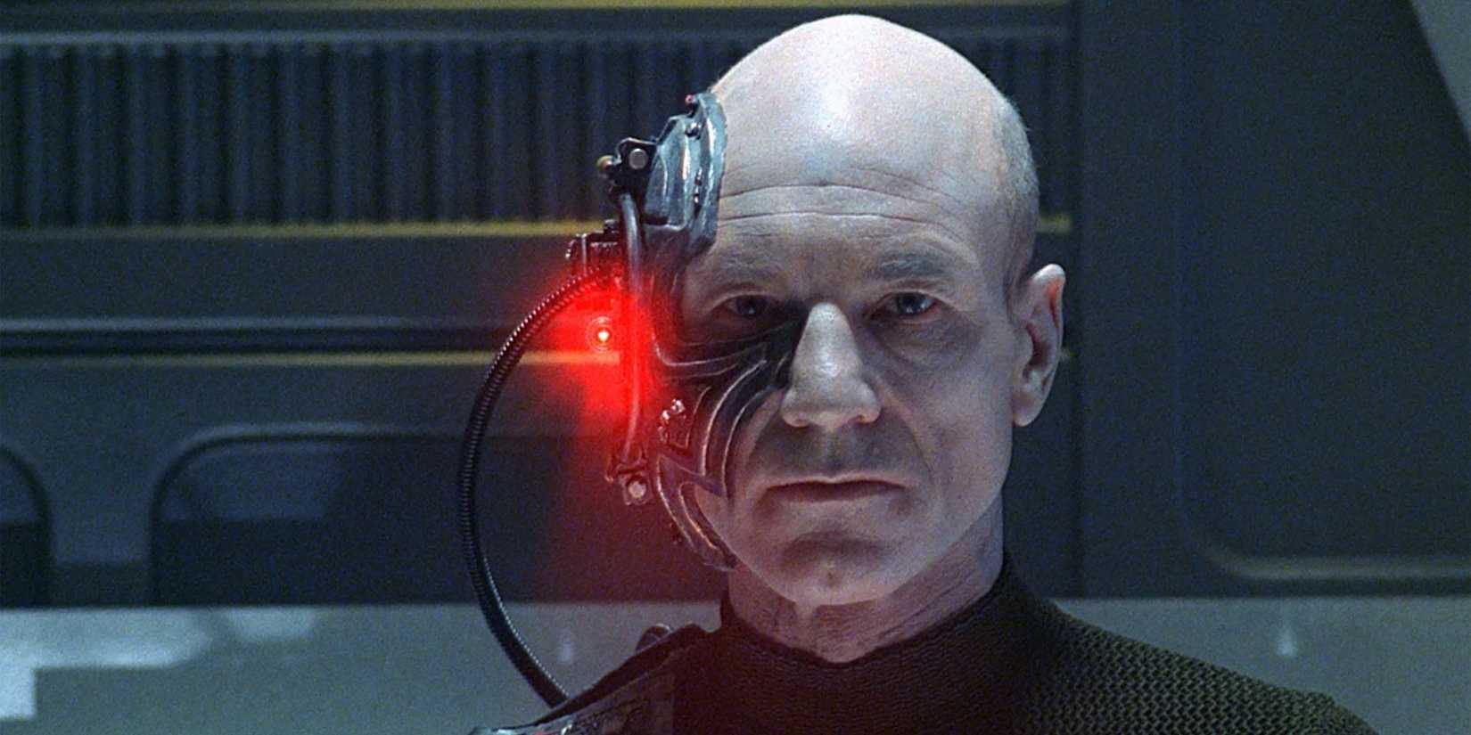 Jean-Luc Picard with a Borg face bracket on in Star Trek: The Next Generation, The Best of Both Worlds Part I.