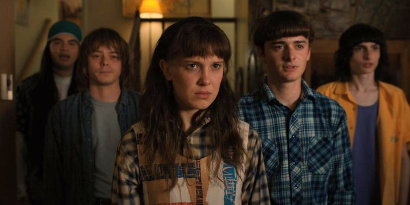 Eleven (Millie Bobby Brown), Will (Schnapp), Mike (Finn Wolfhard), Jonathan (Charlie Heaton), and Argyle (Eduardo Franco) in Stranger Things Season 4