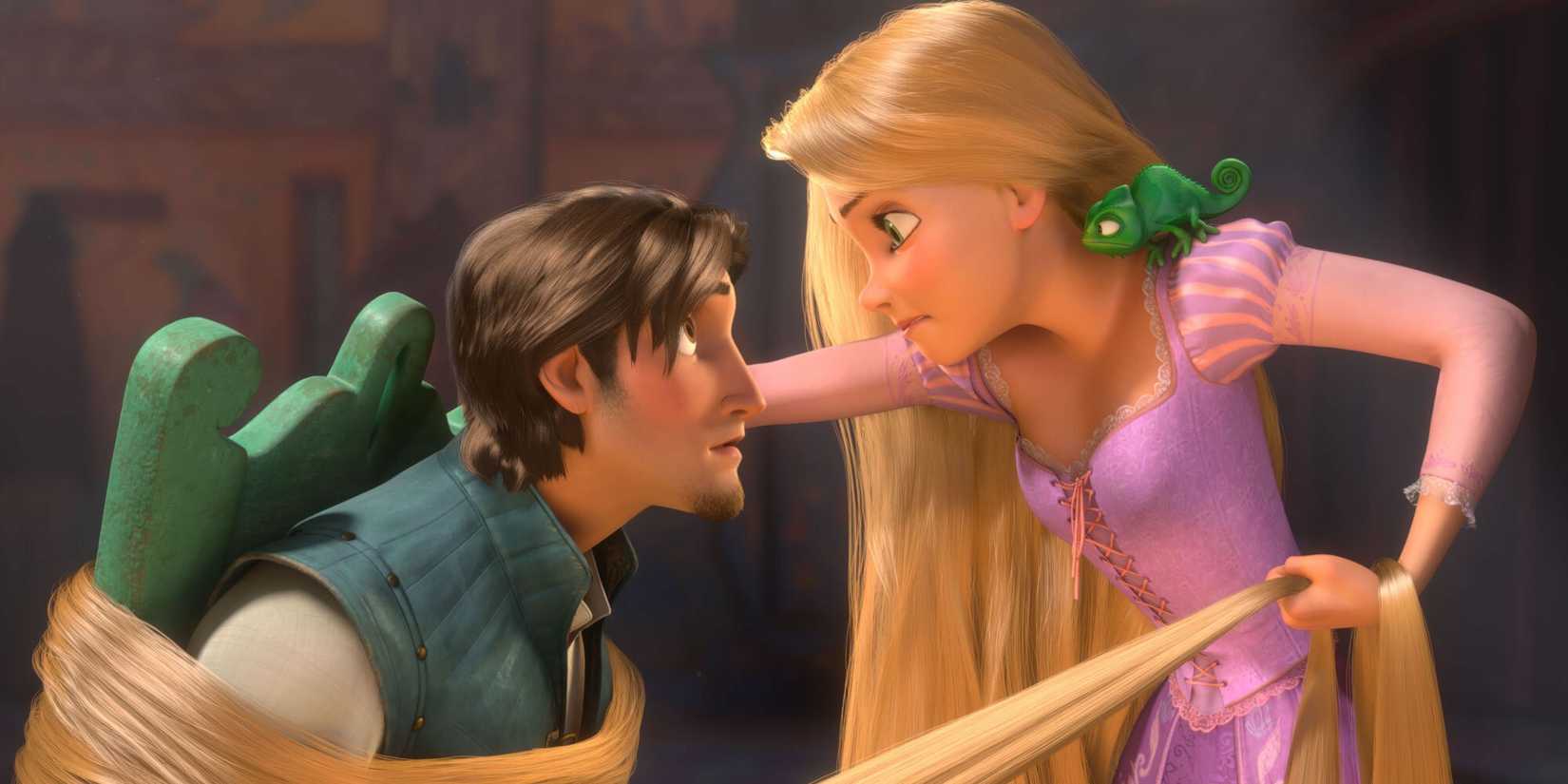 Rapunzel holds Flynn captive with her hair, a lizard on her shoulder as backup, in Tangled