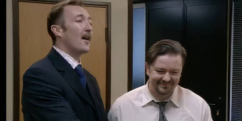 Ralph Ineson as Chris Finch and Ricky Gervais as David Brent in The Office