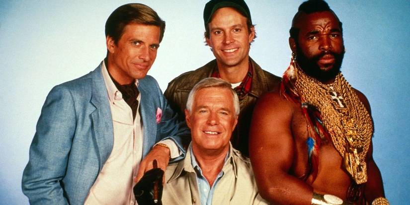 The cast of the TV series The A-Team pose for a promo with a plain background.