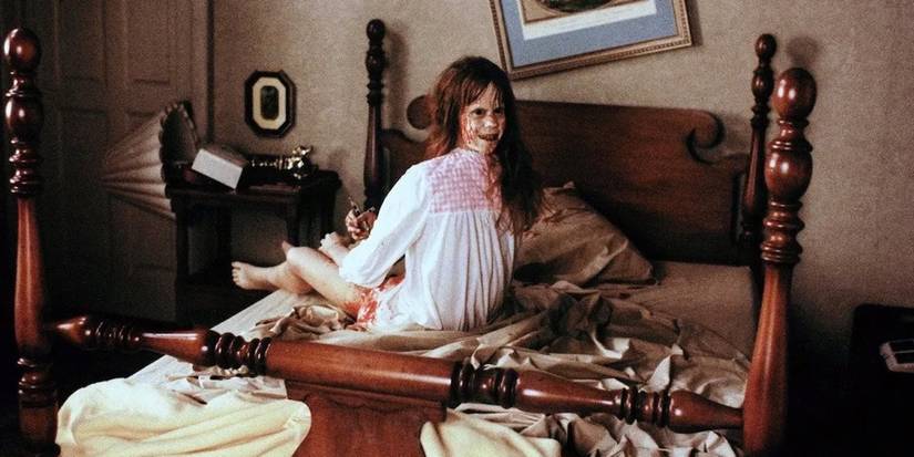 Linda Blair as Regan with her hair turned 180 degrees in The Exorcist