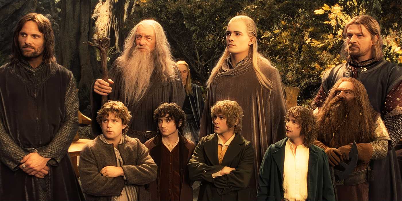 Aragorn, Gandalf, Legolas, Boromir, Samwise, Frodo, Gimli, Merry, and Pippin forming The Fellowship