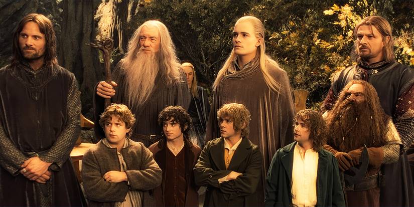 Aragorn, Gandalf, Legolas, Boromir, Samwise, Frodo, Gimli, Merry, and Pippin forming The Fellowship
