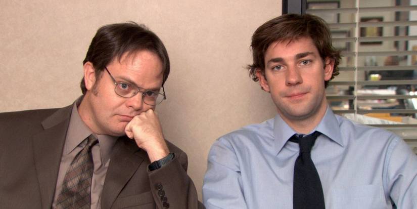 Dwight (Rainn Wilson) and Jim (John Krasinski) in the confessional in 'The Office' Season 5, Episode 16
