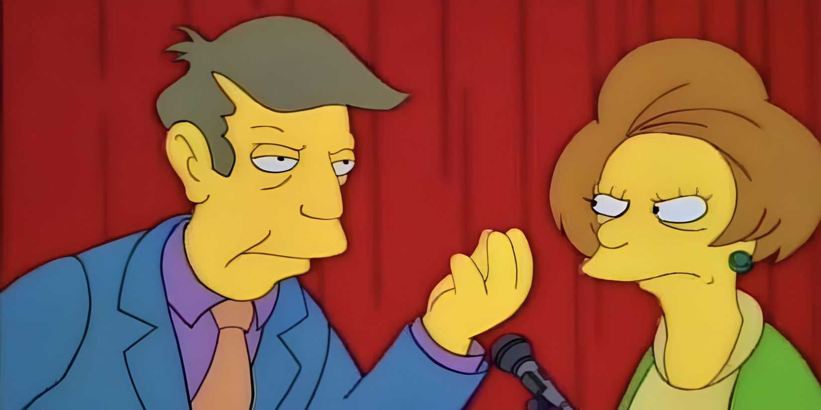 Principal Skinner and Mrs. Krabbapel disagreeing with each other in The PTA Disbands in The Simpsons.