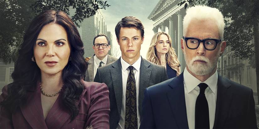 Lana Parilla, John Slattery, Milo Callaghan and the cast of The Rainmaker in character for the poster