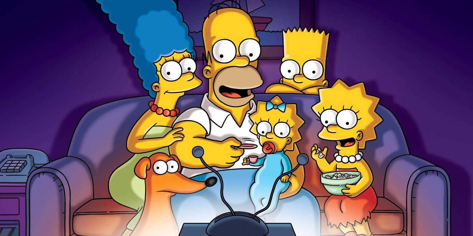 The Simpsons gathered around a TV set watching the screen as it glows. 