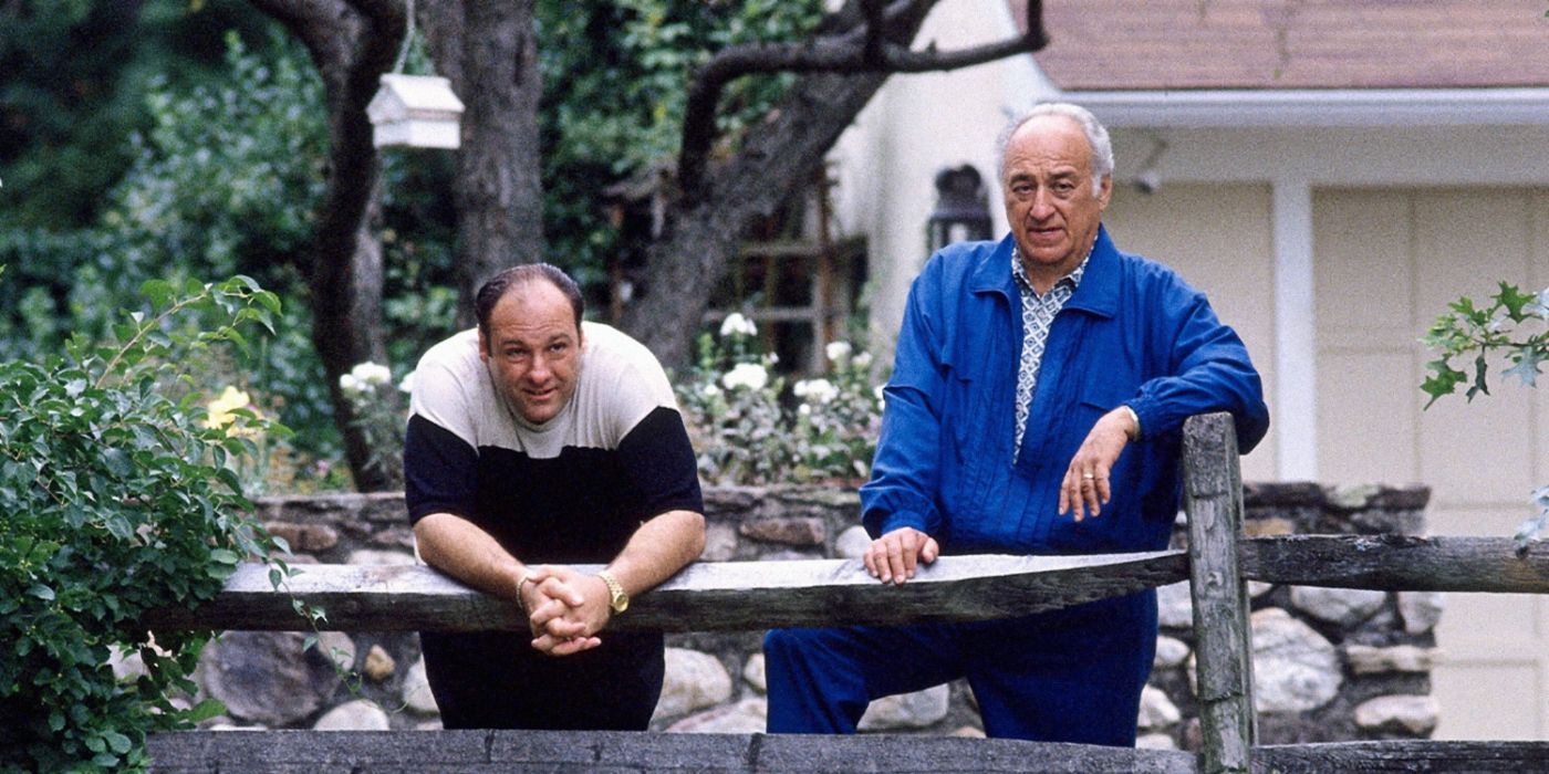 Jerry Adler and James Gandolfini stand outside near a fence in Sopranos