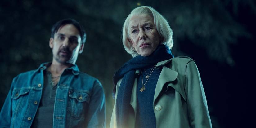 Henry Lloyd-Hughes and Helen Mirren look down at something mysterious in The Thursday Murder Club