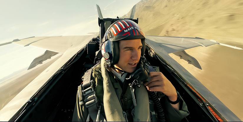 Tom Cruise as Maverick flying a plane in Top Gun- Maverick’ (2022).