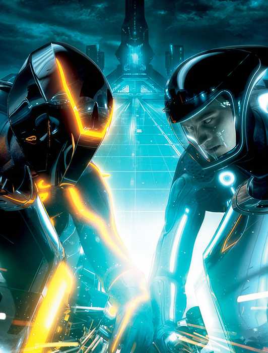 Two figures on a bike in Tron Legacy