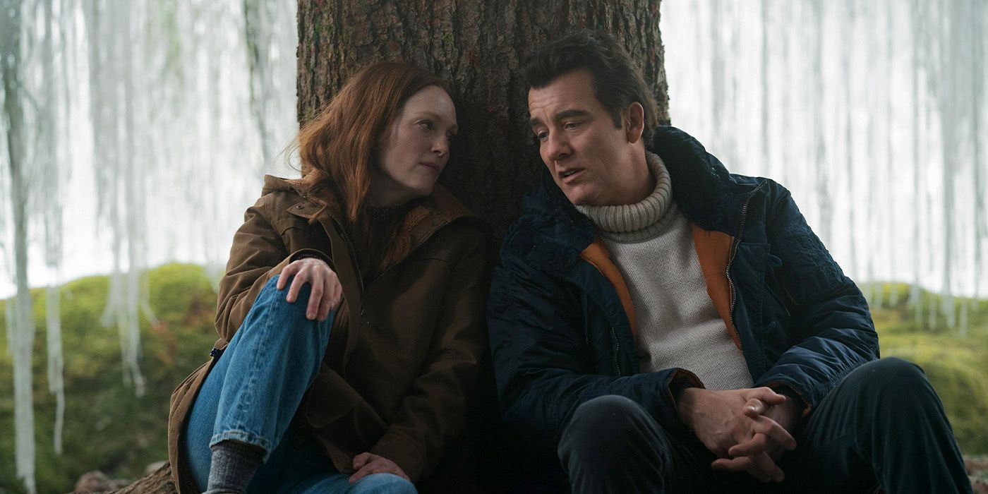 Julianne Moore and Clive Owen leaning against a tree in Lisey's Story 