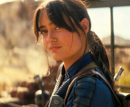 Ella Purnell as Lucy smirking in the Wasteland in Fallout Season 2.