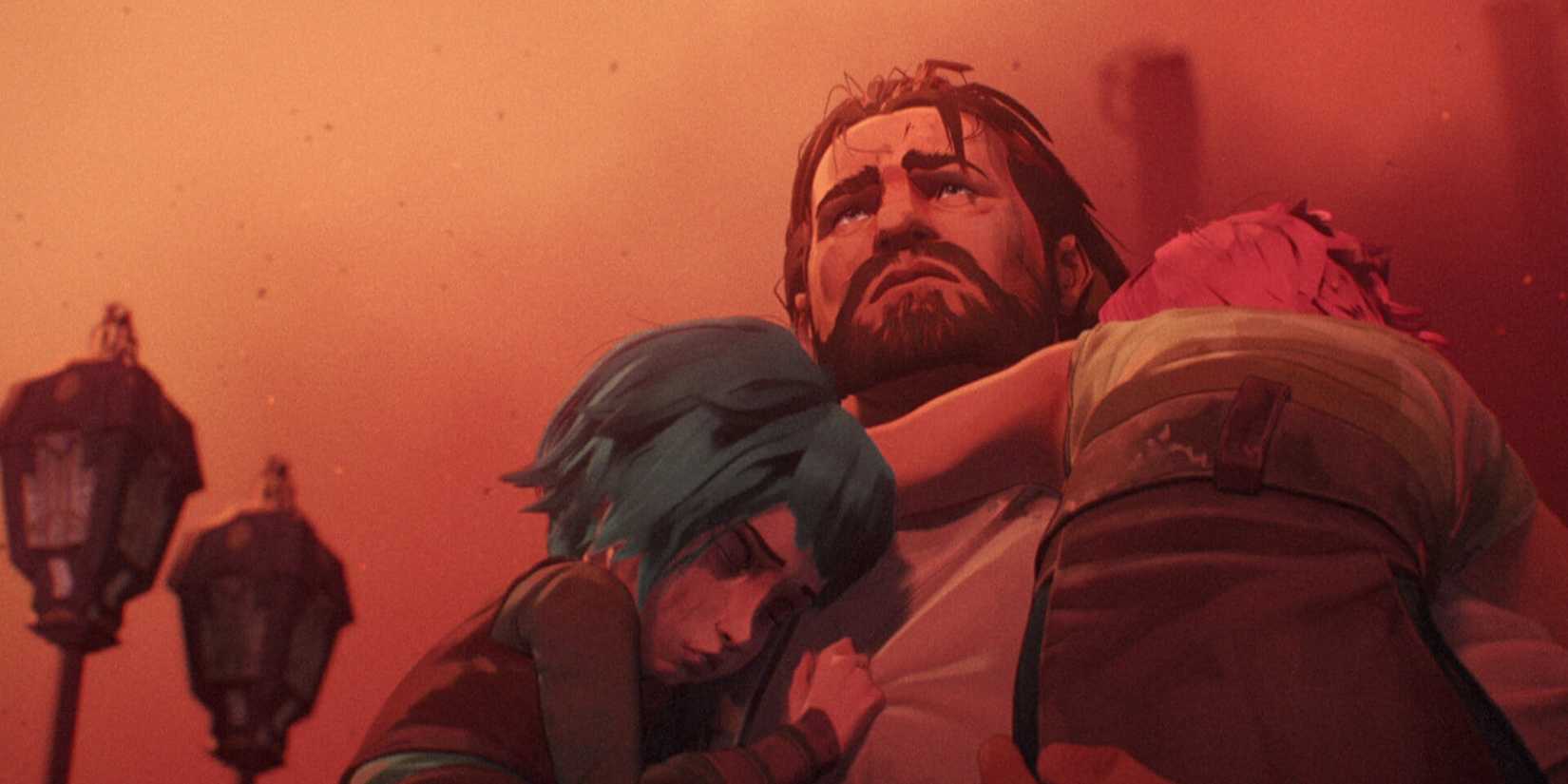 Vander holding Jinx and Vi in Arcane episode Welcome to the Playground.