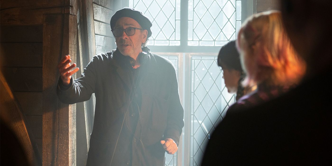 Tim Burton on the set of Wednesday Season 2