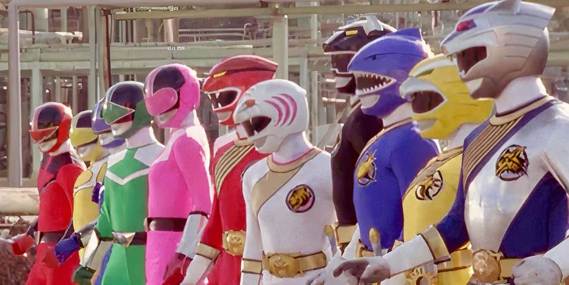 The Wild Force and Time Force Rangers all standing together in Power Rangers Wild Force