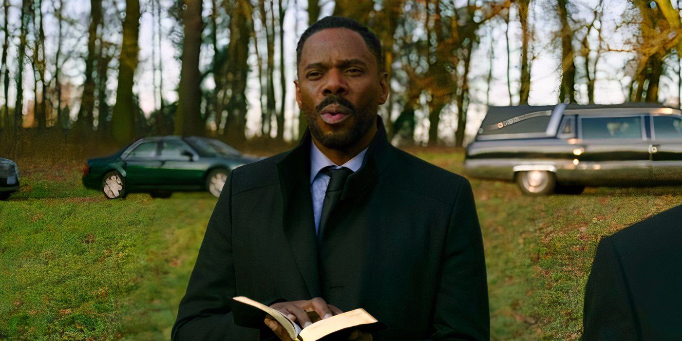 Colman Domingo reading aloud at a funeral in Without Remorse
