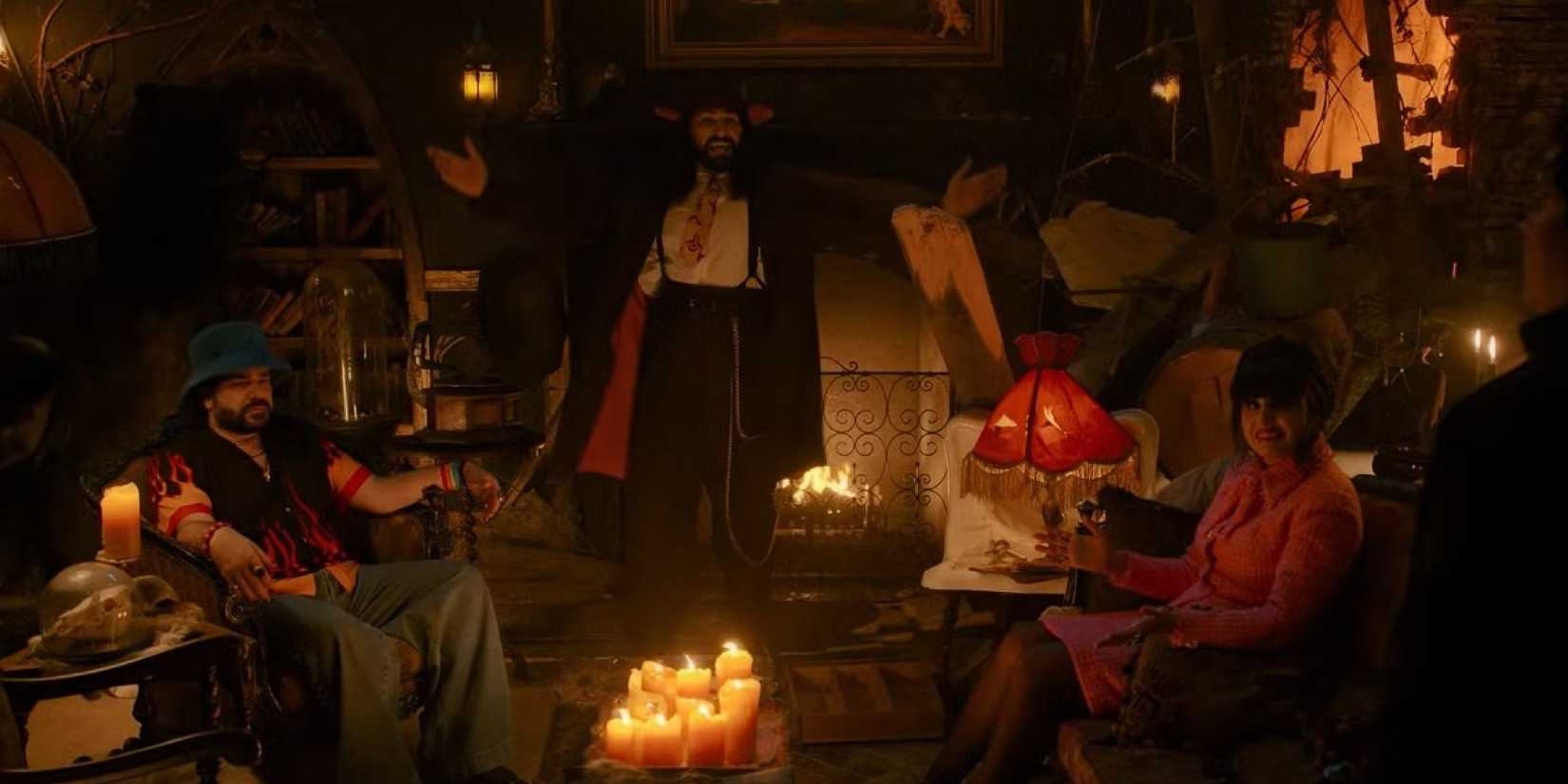 Laszlo, Nandor, and Nadja sitting around the living room in the What We Do in the Shadows episode "Private School"