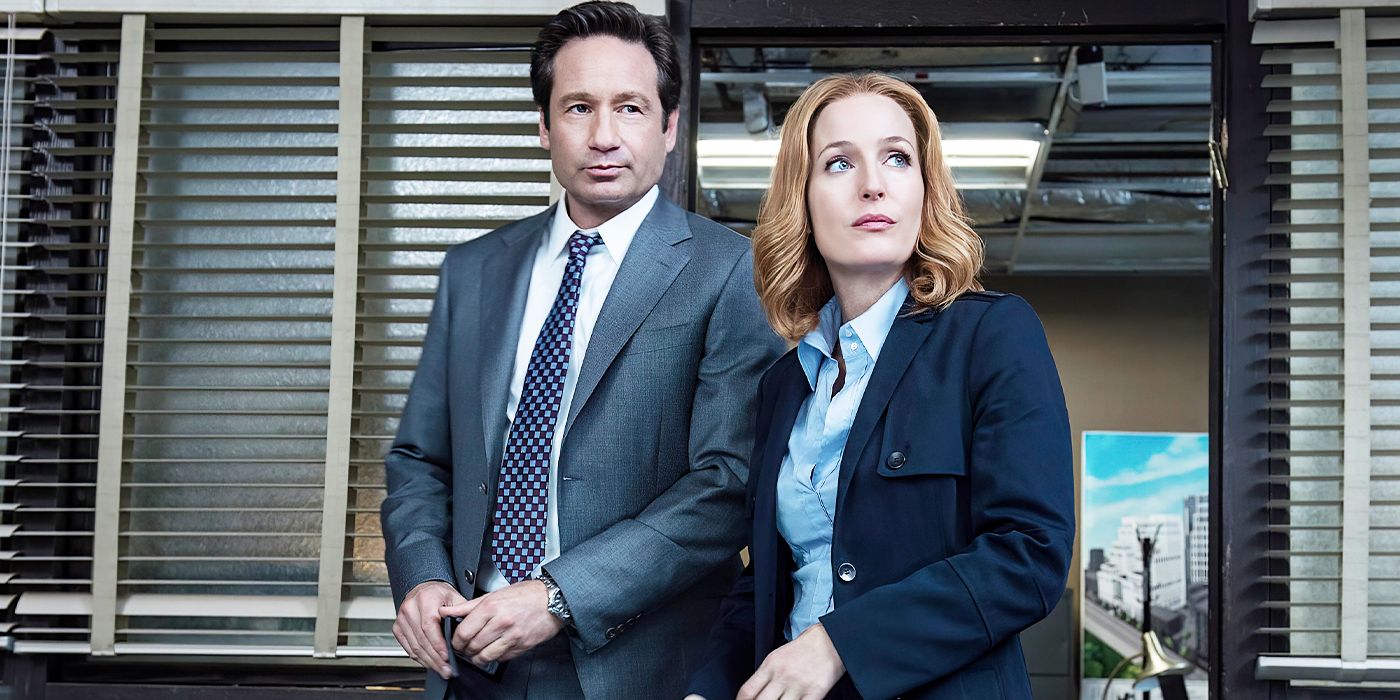David Duchovny's Mulder and Gillian Anderson's Scully looking to the side in an office in The X-Files.