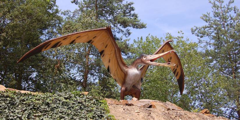 Um modelo em escala de Cearadactylus sentado em uma colina com vegetação atrás dela.